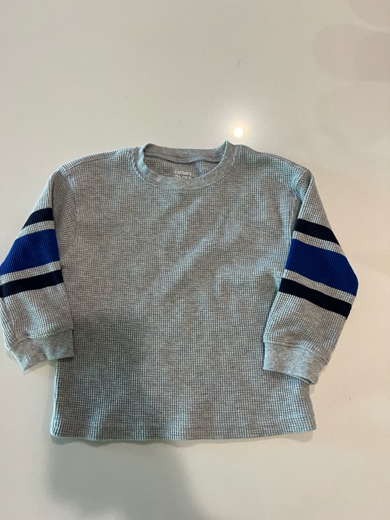 Carter's Light Gray Waffle Knit Sweatshirt With Blue Stripe Sleeves